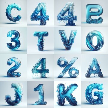 Blue glass 3D Lettering Typeface. AI generated illustration