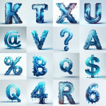 Blue glass 3D Lettering Typeface. AI generated illustration