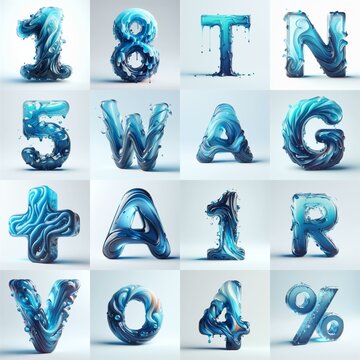 Blue glass 3D Lettering Typeface. AI generated illustration