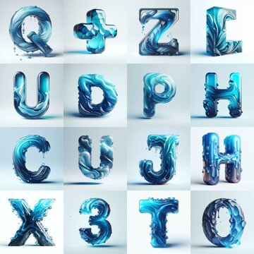 Blue glass 3D Lettering Typeface. AI generated illustration
