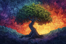 Colorful Tree With Vibrant Rainbow Leaves On Textured Background