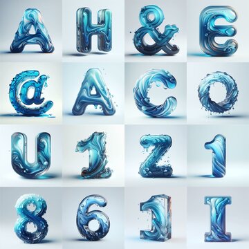 Blue glass 3D Lettering Typeface. AI generated illustration