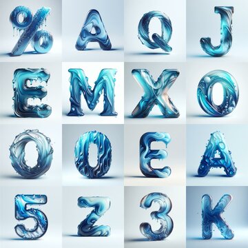 Blue glass 3D Lettering Typeface. AI generated illustration