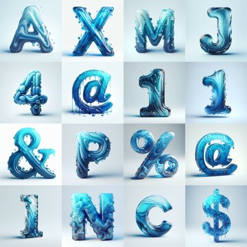 Blue glass 3D Lettering Typeface. AI generated illustration