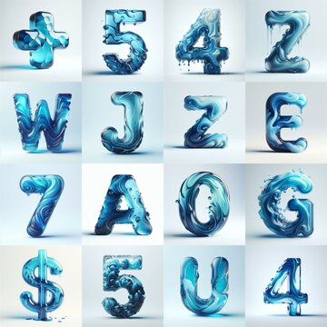 Blue glass 3D Lettering Typeface. AI generated illustration