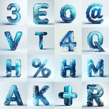 Blue glass 3D Lettering Typeface. AI generated illustration