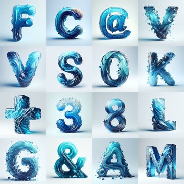 Blue glass 3D Lettering Typeface. AI generated illustration