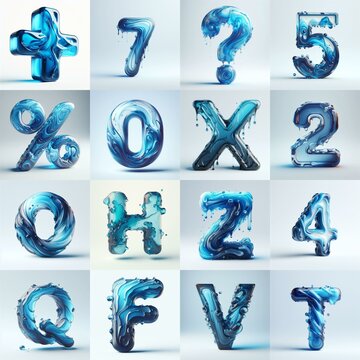 Blue glass 3D Lettering Typeface. AI generated illustration