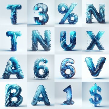 Blue glass 3D Lettering Typeface. AI generated illustration