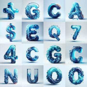 Blue glass 3D Lettering Typeface. AI generated illustration
