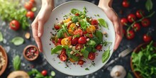 Professional Photography Showcasing A Macro Mediterranean Salad, Grasped By Hands Holding Cutlery, Portraying The Freshness And Healthy Delight Of The Mediterranean Diet