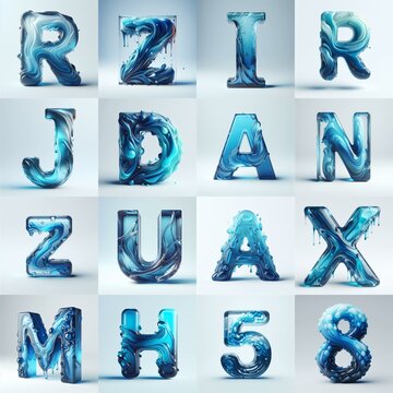 Blue glass 3D Lettering Typeface. AI generated illustration