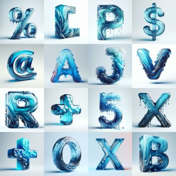 Blue glass 3D Lettering Typeface. AI generated illustration