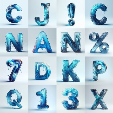 Blue glass 3D Lettering Typeface. AI generated illustration