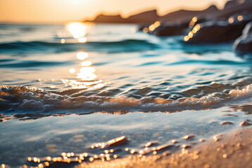 Golden Sunset on Seashore with Waves