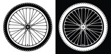 Bicycle Wheel On White And Black Background. Set Of Vector Monochrome Elements For Design