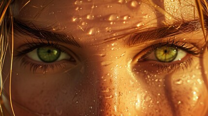 Wall Mural - macro shot of a cute young woman's face, green eyes, water drops, captivating, golden hour, vibrant, and adorable