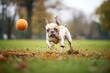 mudsplattered dog chasing ball in park