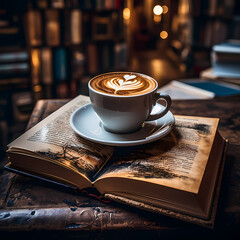 Poster - A cup of coffee surrounded by old books.