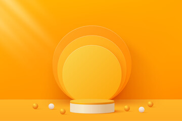 Wall Mural - 3d orange podium pedestal platform with geometric backdrop and ball on orange background for product display, presentation, advertising. 