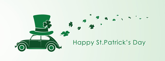 Wall Mural - happy st patrick day panoramic greeting card with classic car, green and white vector illustration