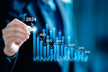 Businesswomen analyze opportunity investment with a digital candlestick chart and virtual bar chart, market rise business market growth 2024, trend line increase profits, financial concepts