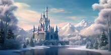 Magic Castle In A Winter Wonderland. Fantasy Snowy Landscape. Winter Castle On The Mountain, Winter Forest.