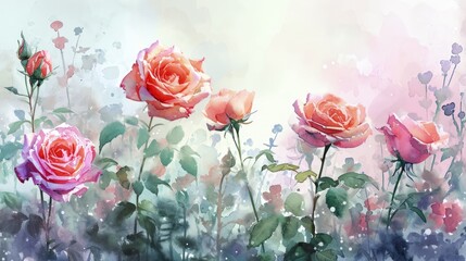 Canvas Print - Pastel Watercolor Roses with Soft Background. Elegant roses in watercolor with pastel hues and gentle backdrop.