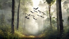Flight Of Storks In The Misty Forest Interior Printing On The Wall