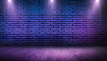 Wall Mural - dark blue and purple empty brick wall texture pattern with bright spotlights neon tubes and laser beams empty scene background products display and presentation