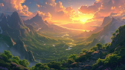 Wall Mural - Beautiful panorama view of the valley and mountains at sunrise