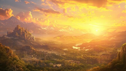 Wall Mural - Fantasy landscape with castle and mountain at sunset. 3d illustrations