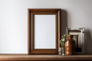 Home with a white wall and an old brown picture frame