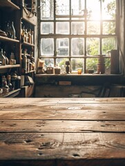 Wall Mural - Antique wooden table and workshop setting. Nostalgic vintage image with backdrop and model. Sun rays and dim shades.