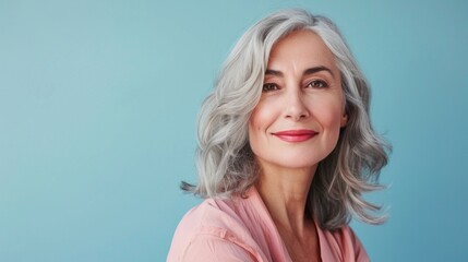 Canvas Print - Elegant portrait of a joyous senior Caucasian woman, her stylish grey hair and lovely wrinkles illuminated by studio lights.