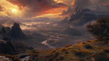 Poster - Fantasy landscape with mountains at sunset. 3d illustration