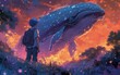 Fantasy child dream, fairy tale background with a little boy with a huge whale flying in the night neon sky over a phantasmagoric alien planet's surface.