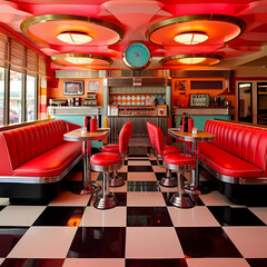 Poster - Retro diner with a jukebox and checkerboard floor