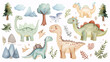 A whimsical collection of watercolor dinosaur illustrations, accompanied by a variety of nature elements like trees and mountains.