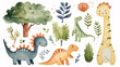 A whimsical collection of watercolor dinosaur illustrations, accompanied by a variety of nature elements like trees and mountains.