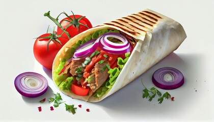 Wall Mural - a delicious doner donair kebab wrap with spicy meat lettuce tomato red onion and sauce