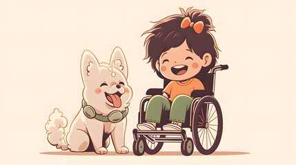 Isolated flat illustration of a disabled child of cute laughing in a wheelchair with a dog on a white background