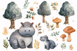 A whimsical watercolor scene featuring a cute hippopotamus surrounded by an array of forest flora trees and mushrooms.