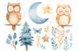 A serene collection of watercolor illustrations featuring charming night owls, whimsical trees, and celestial elements like stars and the moon.
