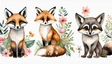 Fototapeta Dziecięca - watercolor set of forest cartoon isolated cute baby fox deer raccoon and owl animal with flowers nursery woodland illustration bohemian boho drawing for nursery poster pattern