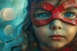 Mysterious Child Hero: Captivating Gaze with Red Mask Close-Up
