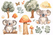 This charming watercolor collection showcases adorable koalas with a selection of Australian flora, perfect for a soothing natural theme.