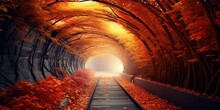 Love Tunnel In Autumn In The Autumn Forest, There Is A Train Tunnel And Railroad That Is Filled With Love For Autumn Trees And The Railroad