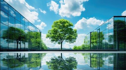 Wall Mural - A modern cityscape featuring an eco-friendly glass office building adorned with trees to reduce carbon dioxide emissions.