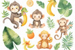 This captivating watercolor set features playful monkeys in various poses with tropical fruits and lush foliage, evoking a joyful jungle theme.